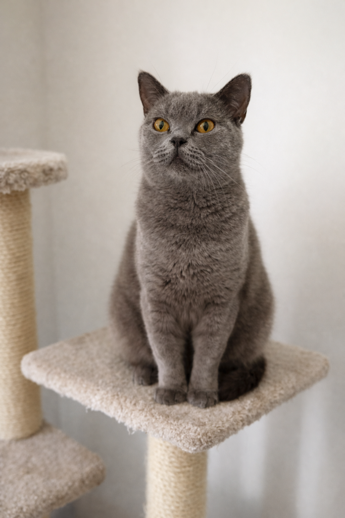 Booty British shorthair on a cat tree